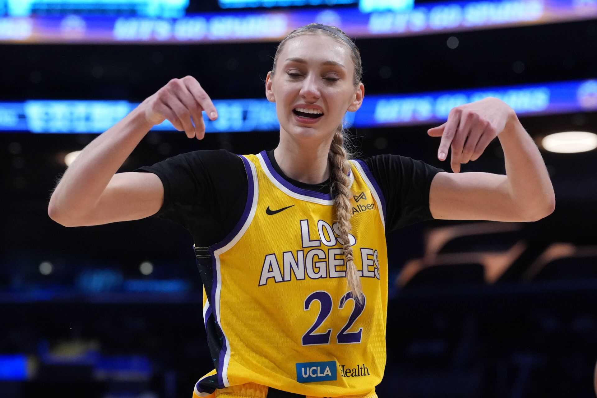 LA Sparks forward Cameron Brink (22) reacts against the Las Vegas Aces in the first half at Crypto.com Arena.