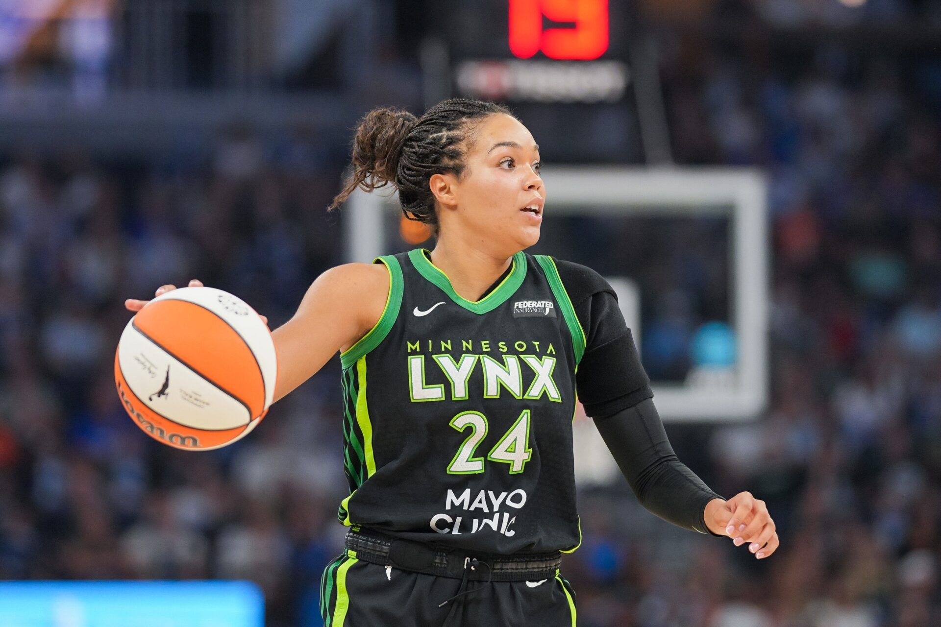 Minnesota Lynx forward Napheesa Collier (24) dribbles against the New York Liberty in the second quarter at Target Center.