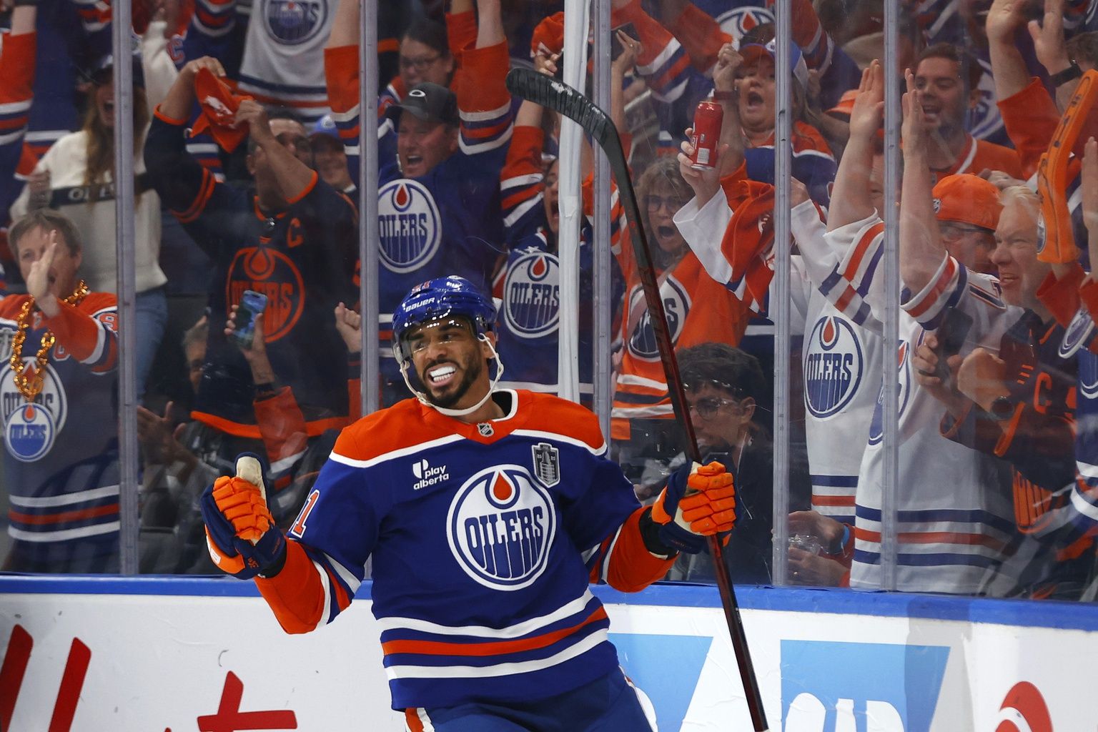Edmonton Oilers left wing Evander Kane (91) reacts after scoring a goal against the Florida Panthers during the first period in game two of the 2025 Stanley Cup Final at Rogers Place.