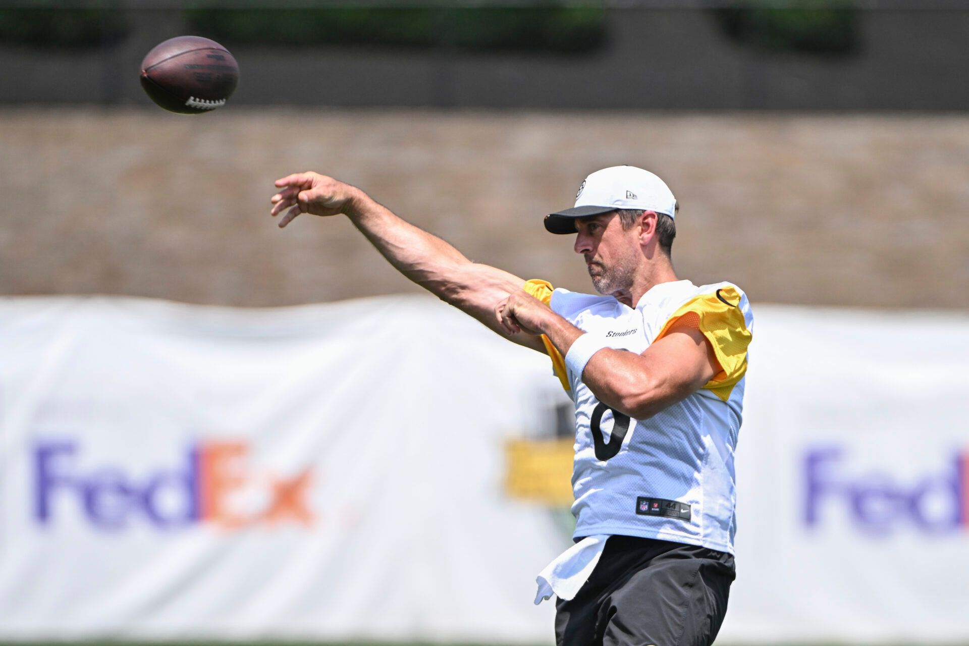 Pittsburgh Steelers quarterback Aaron Rodgers (8) participates in drills during training camp at Saint Vincent College.