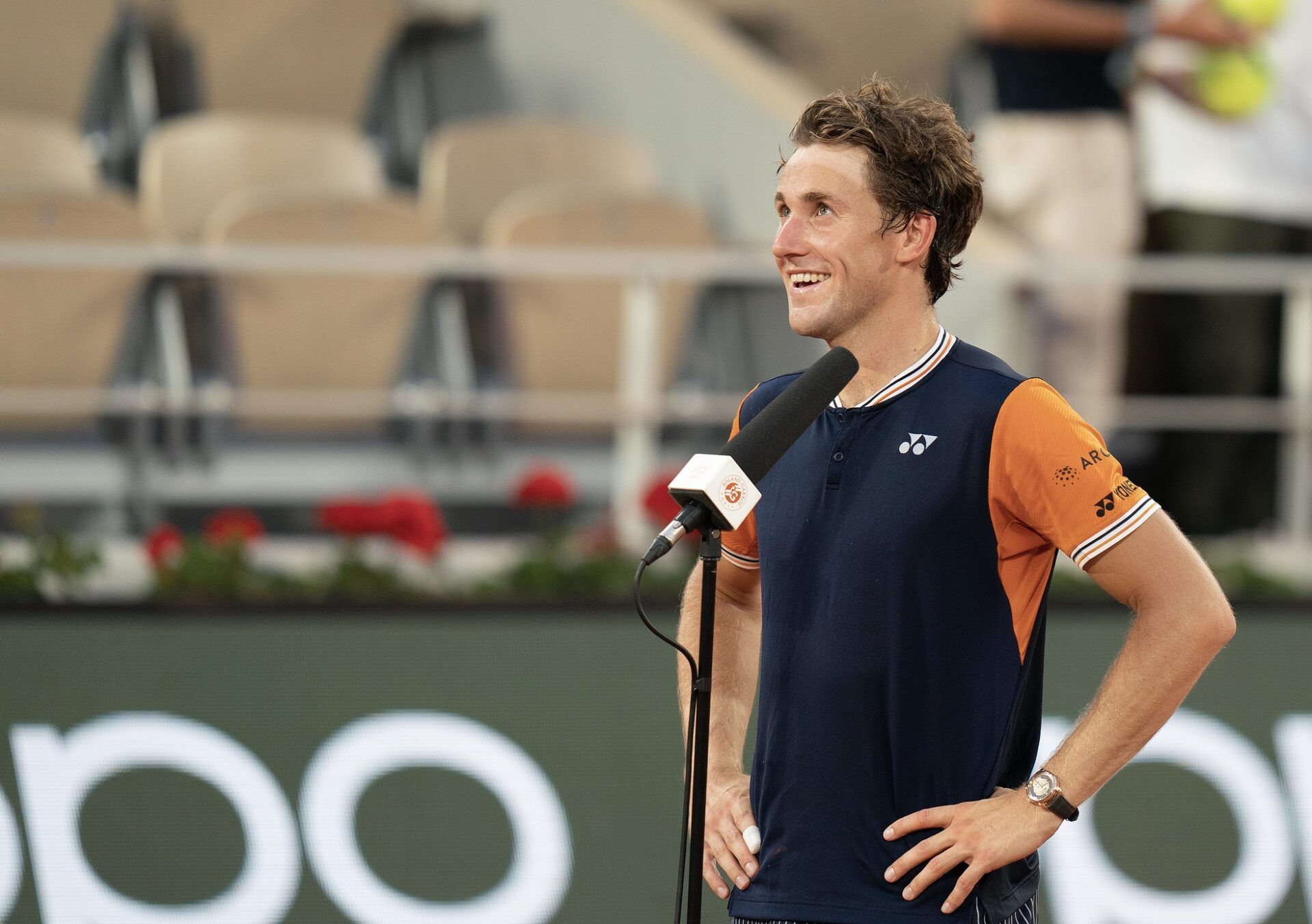 Jun 9 2023; Paris,France; Casper Ruud (NOR) is interviewed after defeating Alexander Zverev (GER) in the semifinals of the French Open on day 13 at Stade Roland-Garros.
