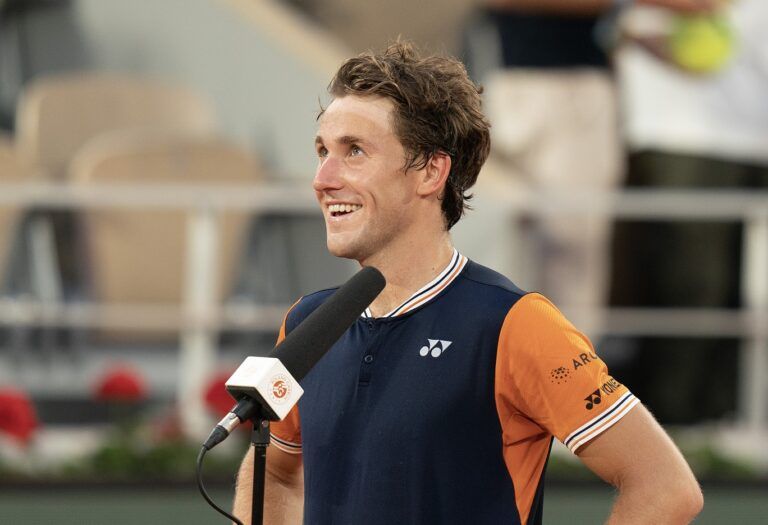 Jun 9 2023; Paris,France; Casper Ruud (NOR) is interviewed after defeating Alexander Zverev (GER) in the semifinals of the French Open on day 13 at Stade Roland-Garros.
