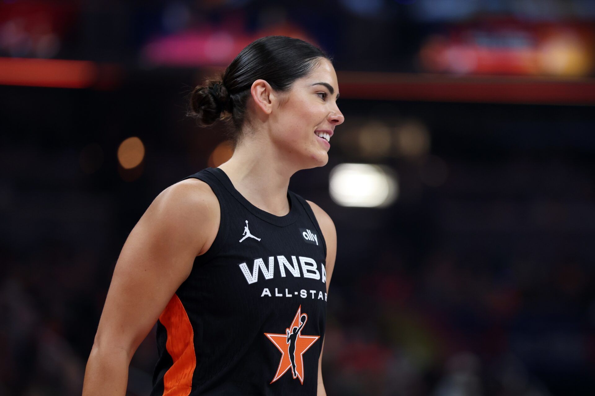 Team Collier guard Kelsey Plum (10) reacts in the first half against Team Clark in the 2025 WNBA All Star Game at Gainbridge Fieldhouse.