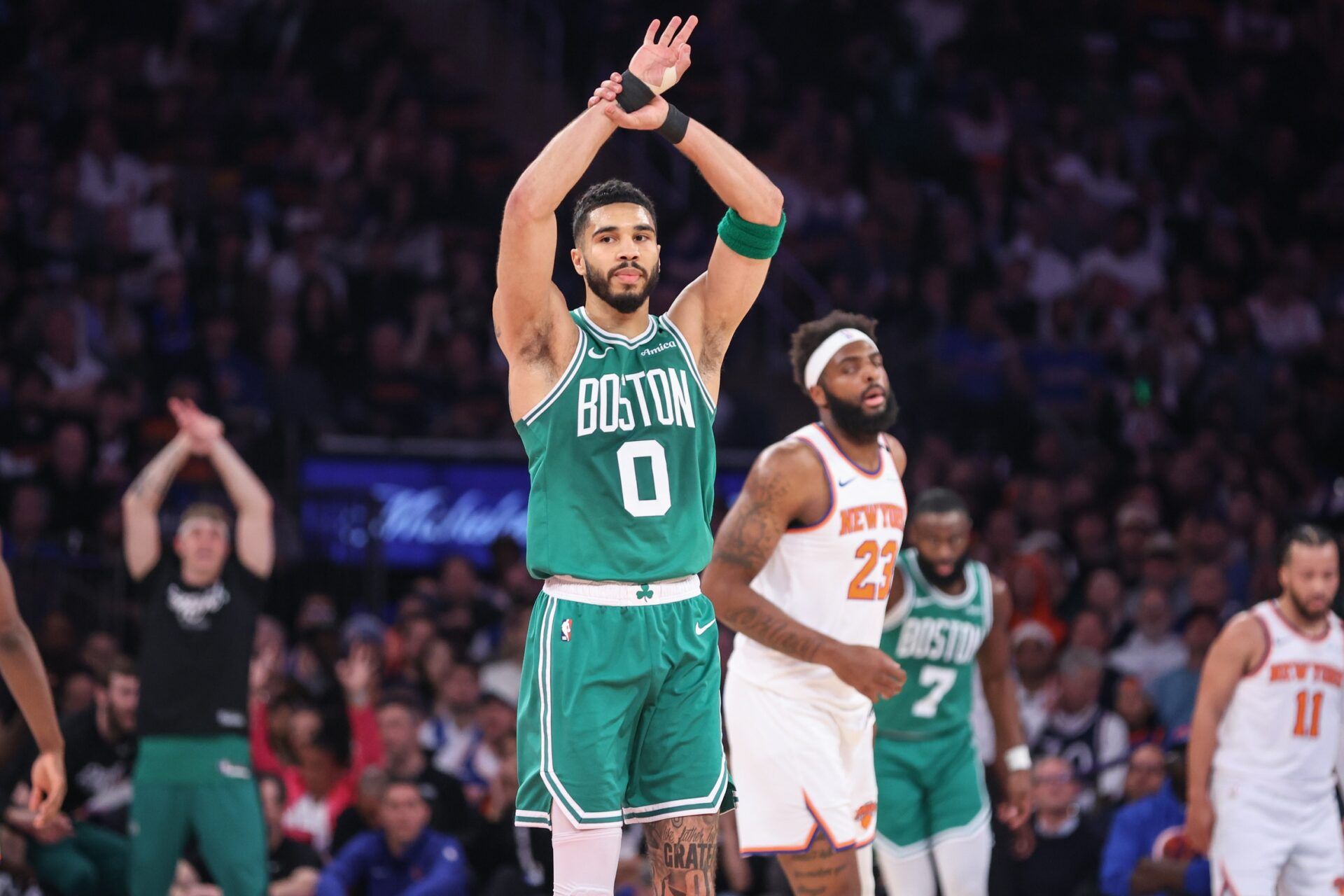 Boston Celtics forward Jayson Tatum (0) celebrates after scoring in the first quarter during game three of the second round for the 2025 NBA Playoffs against the New York Knicks at Madison Square Garden.