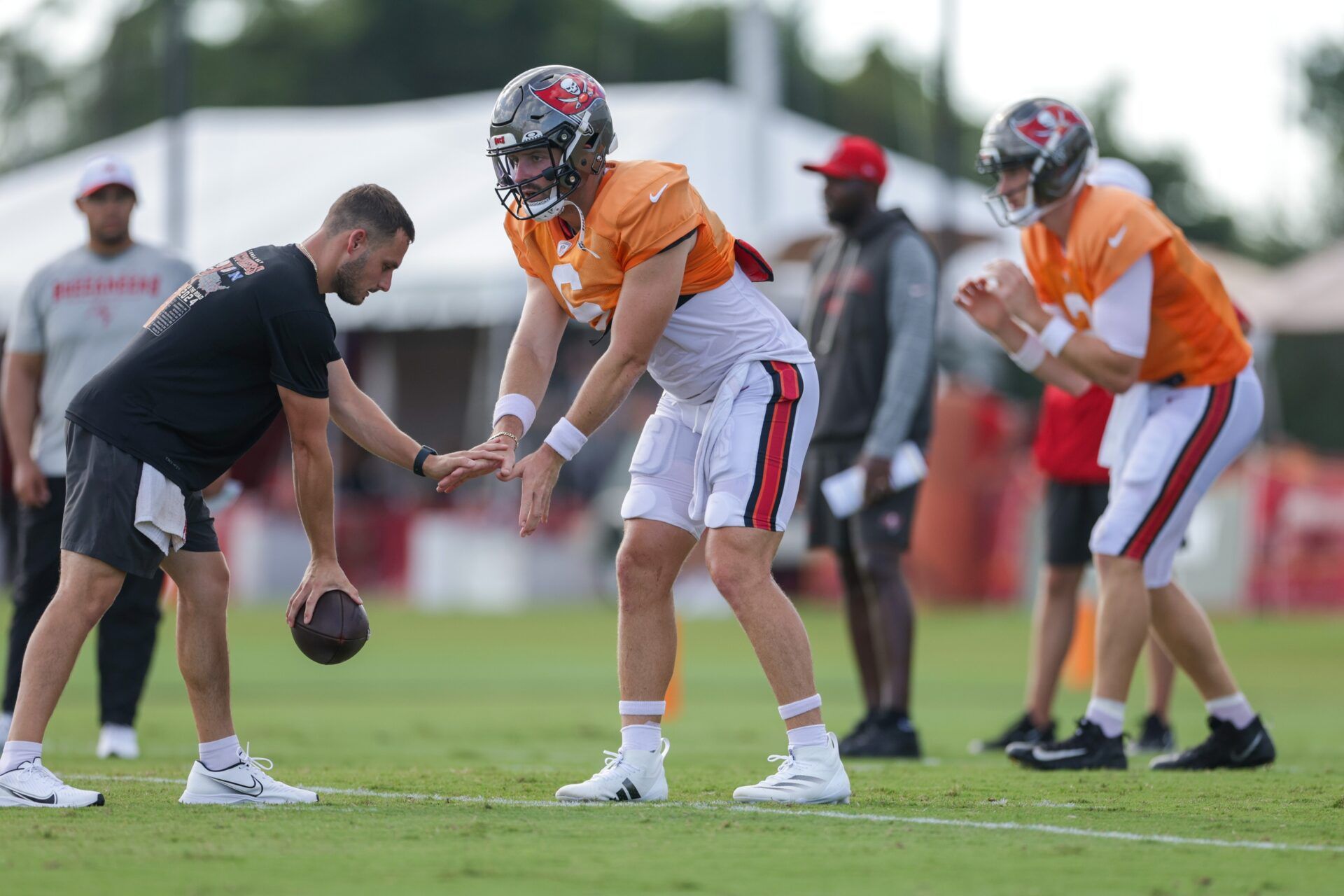 Tampa Bay Buccaneers quarterback Baker Mayfield (6) participates in training camp at AdventHealth Training Center.