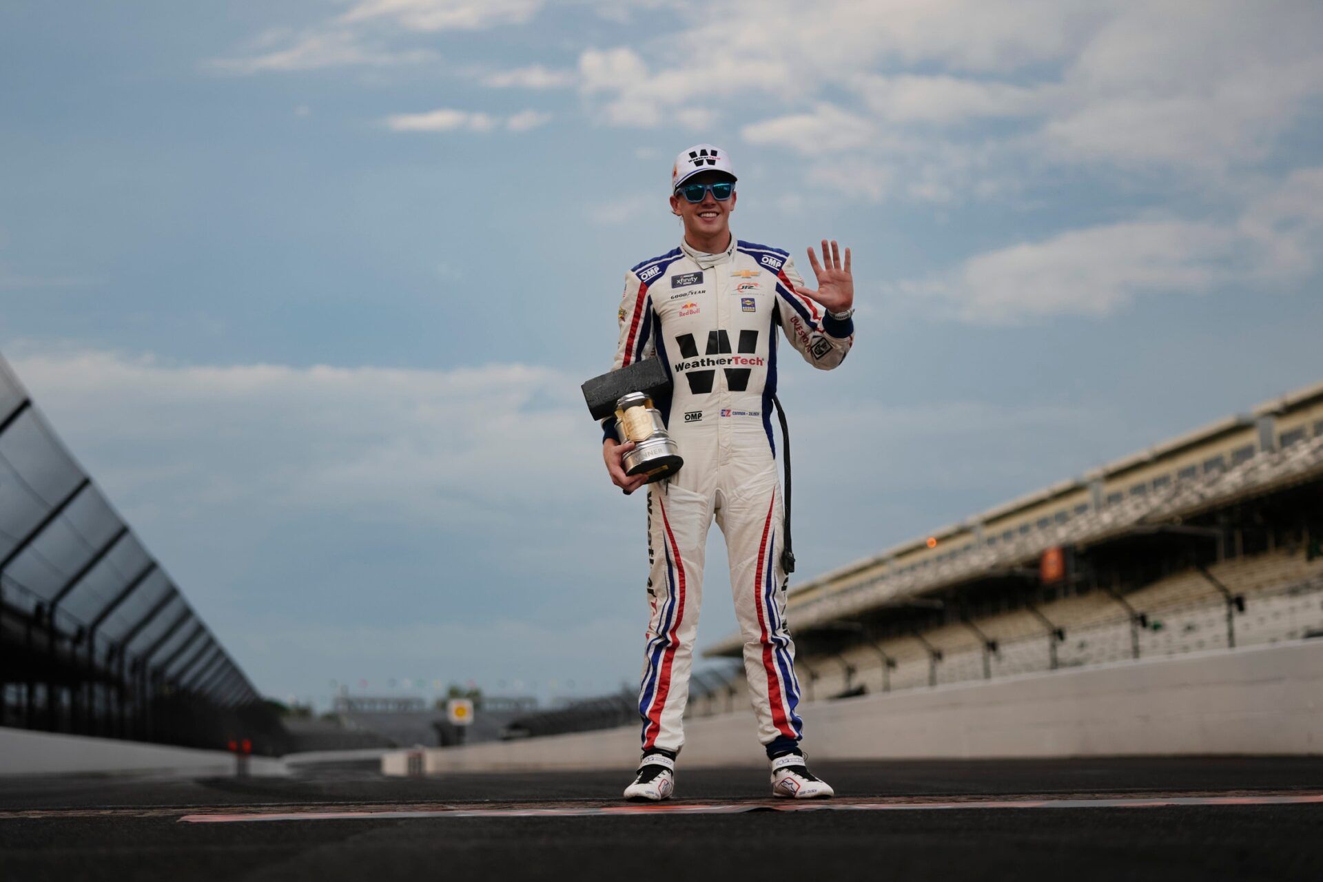NASCAR Xfinity Series driver Connor Zilisch (88) celebrates Saturday, July 26, 2025, following his win in the Pennzoil 250 at Indianapolis Motor Speedway.
