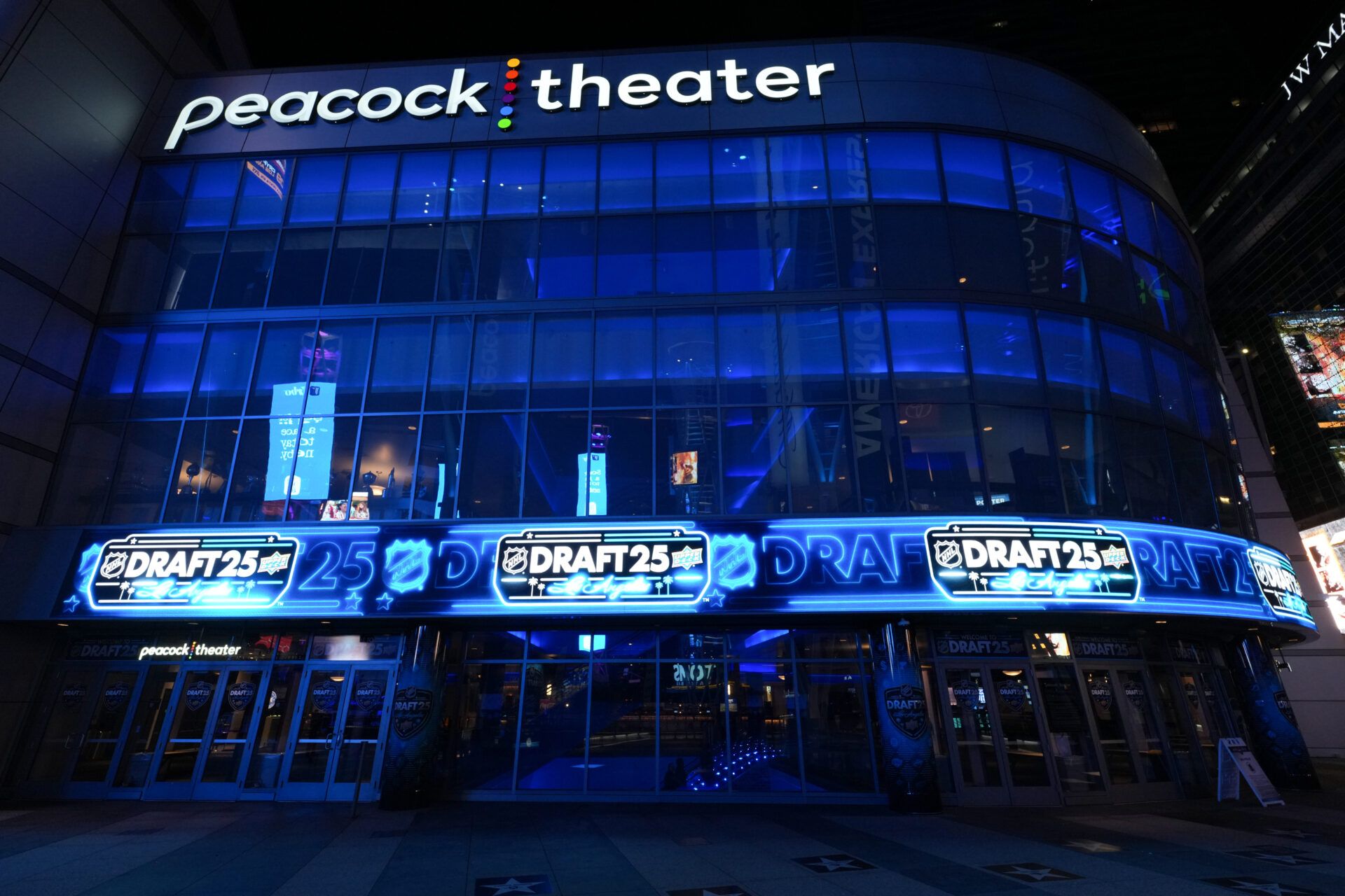 A general view of the exterior of the theater following the first round of the 2025 NHL Draft at Peacock Theater.