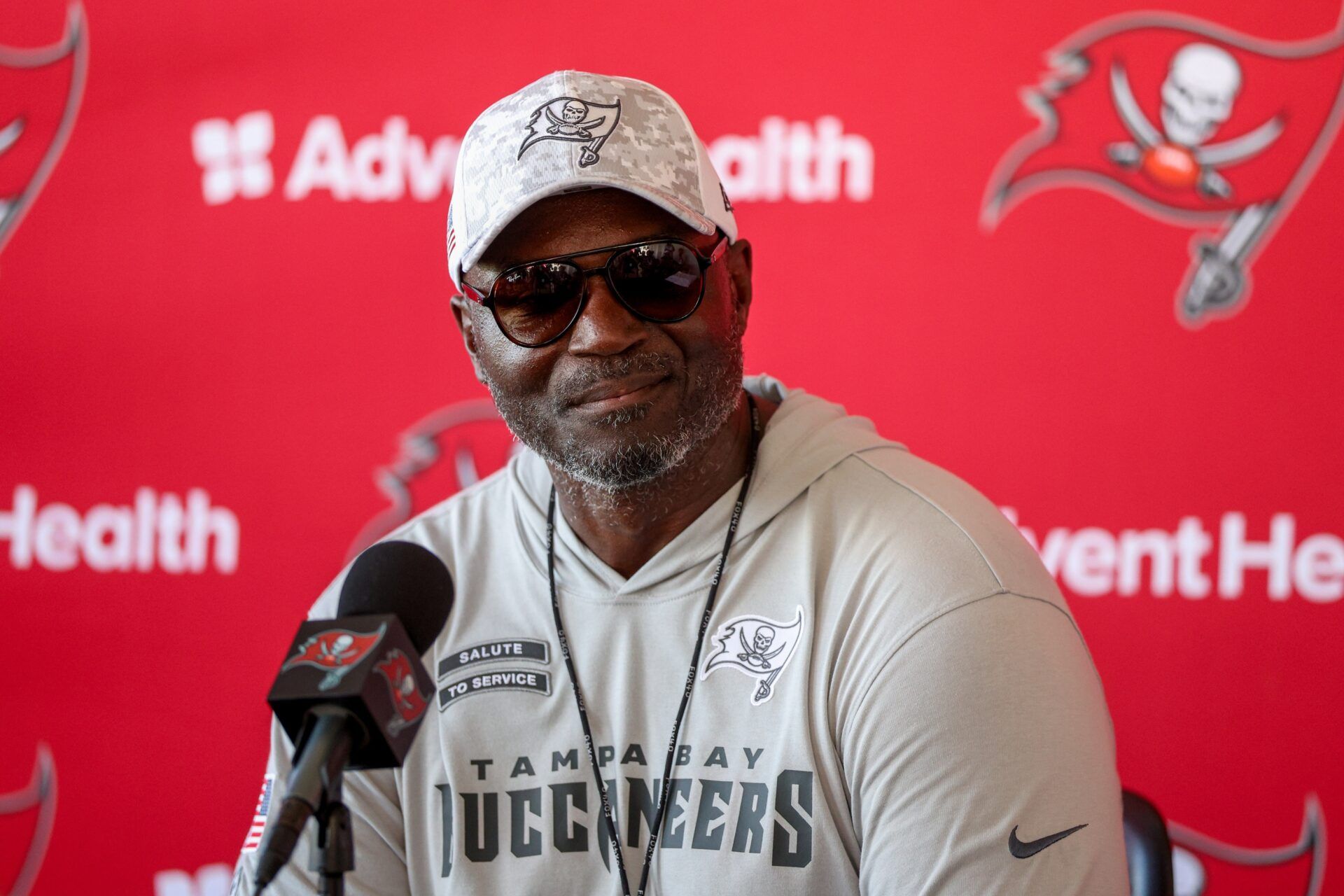 Tampa Bay Buccaneers head coach Todd Bowles talks to media after training camp at AdventHealth Training Center.