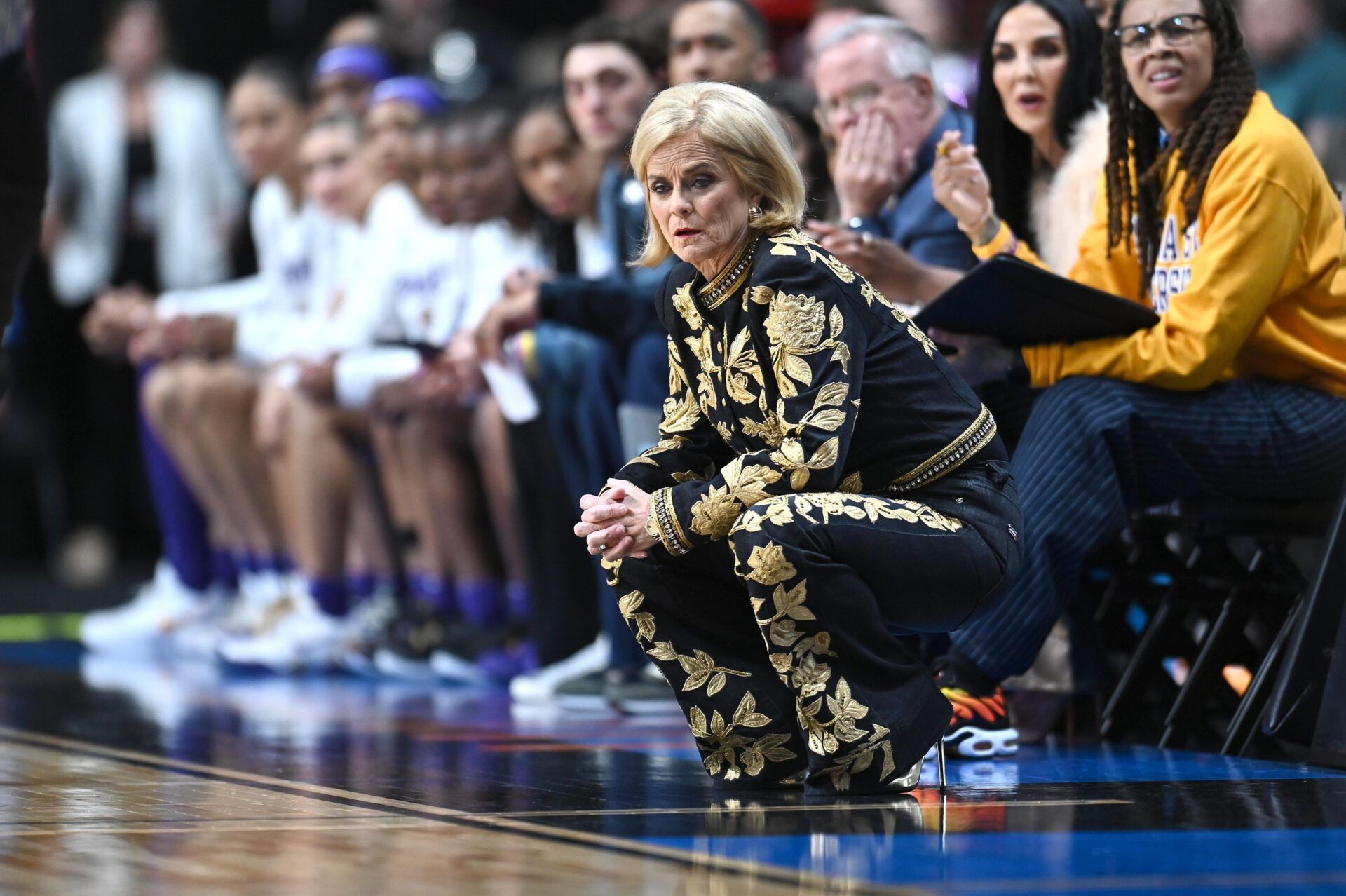 LSU Lady Tigers head coach Kim Mulkey looks on against the NC State Wolfpack during the first half of a Sweet 16 NCAA Tournament basketball game at Spokane Arena.