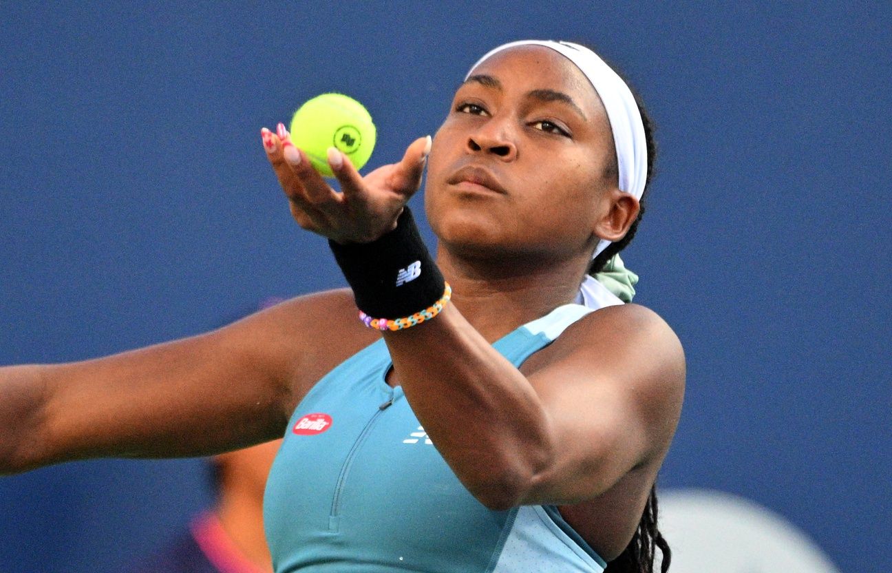 Coco Gauff (USA) prepares to serve against Diana Schnaider (not shown)  in third round play at Sobeys Stadium.