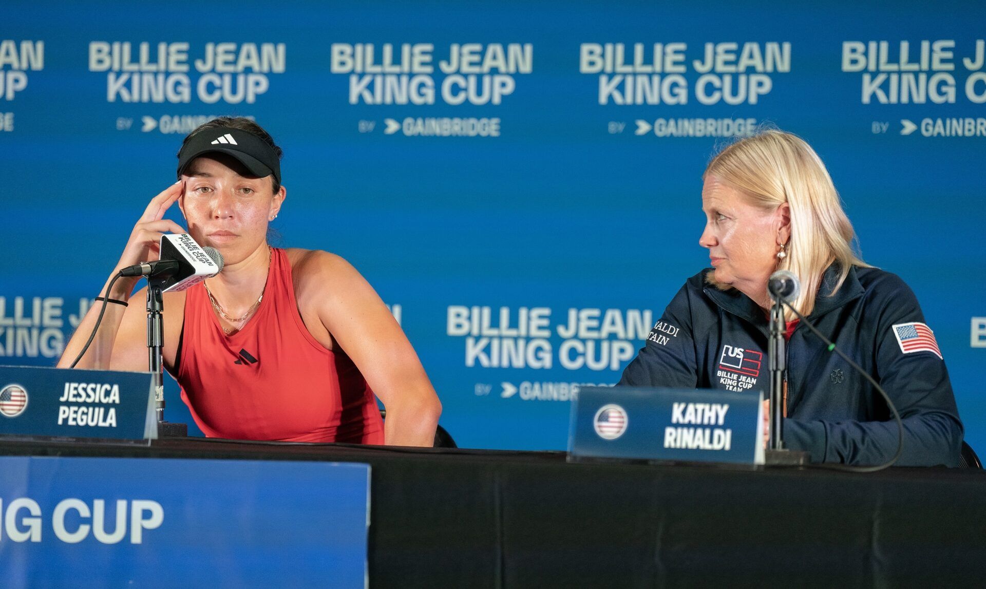 Jessica Pegula (USA) and Captain Kathy Rinaldi (USA) in the interview room after her match against Sinja Kraus (AUT) at Delray Beach Tennis Center.