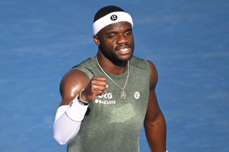 Frances Tiafoe (USA) celebrates after defeating Aleksandar Vukic (AUS) during third round play at Sobeys Stadium.