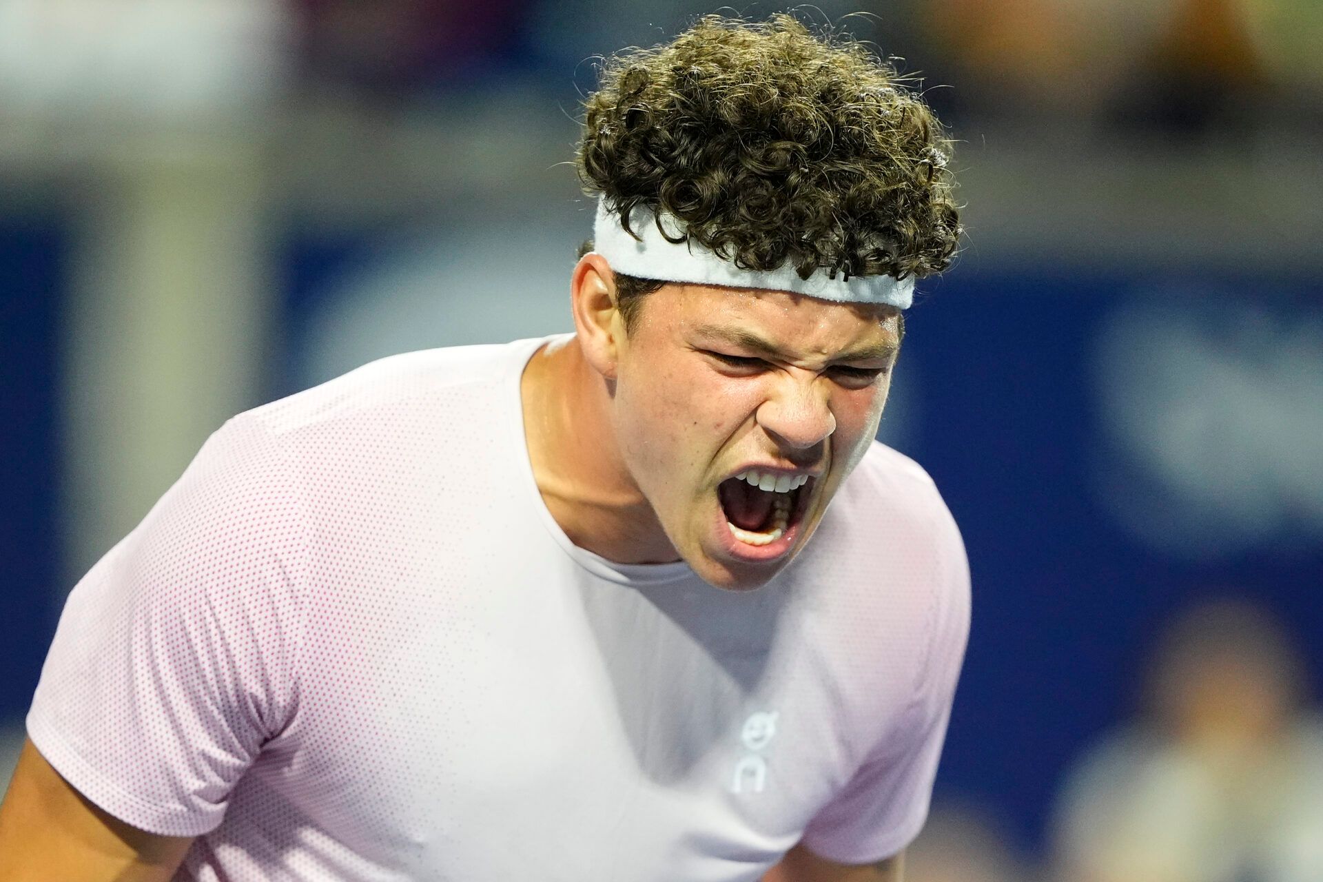 Ben Shelton (USA) reacts after winning a point against Brandon Nakashima (not pictured) during the third round at Sobeys Stadium.