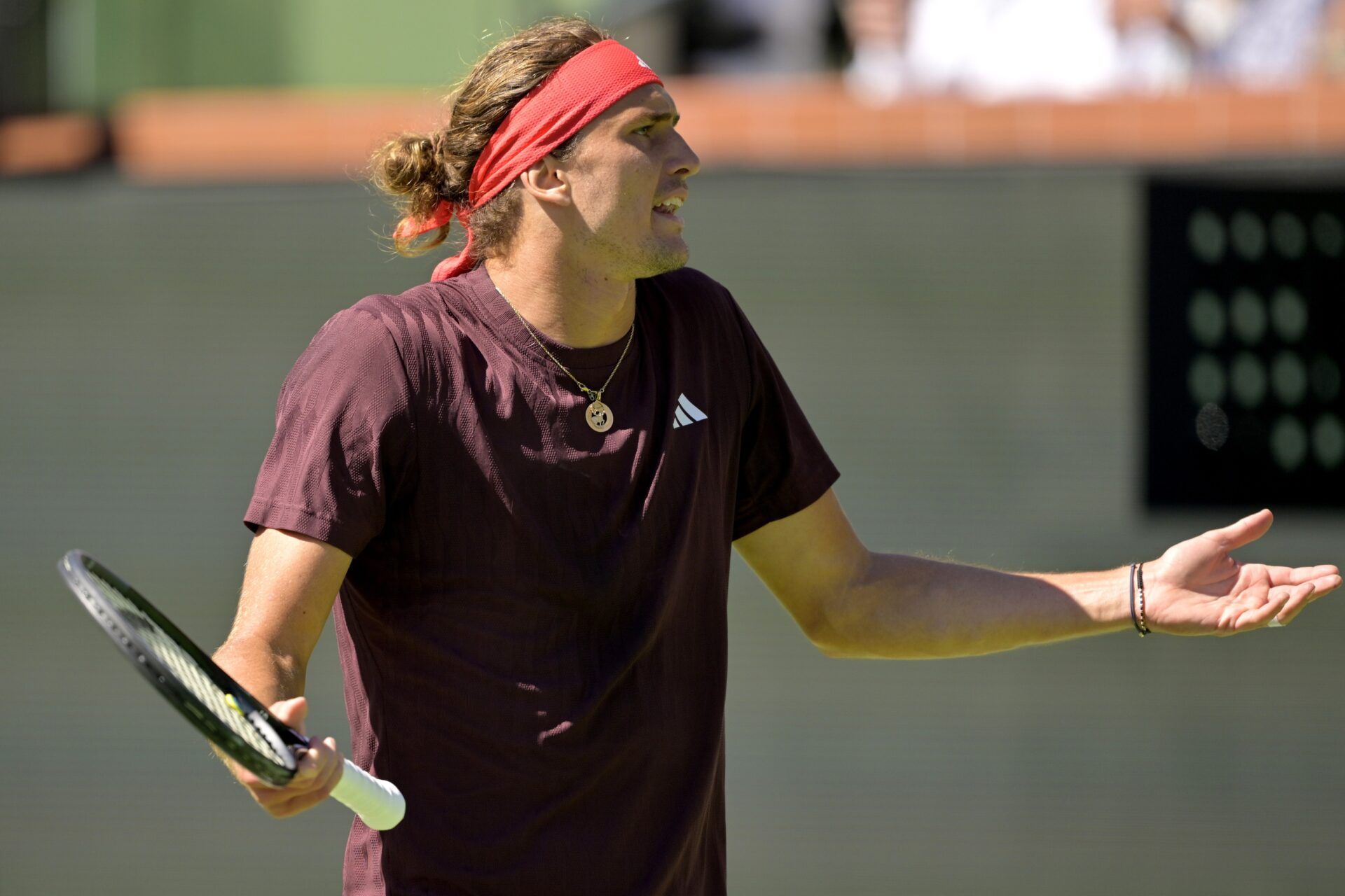 Alexander Zverev (GER) reacts after missing a shot against Tallon Griekspoor (not pictured) in his second round match during the BNP Paribas Open at the Indian Well Tennis Garden.