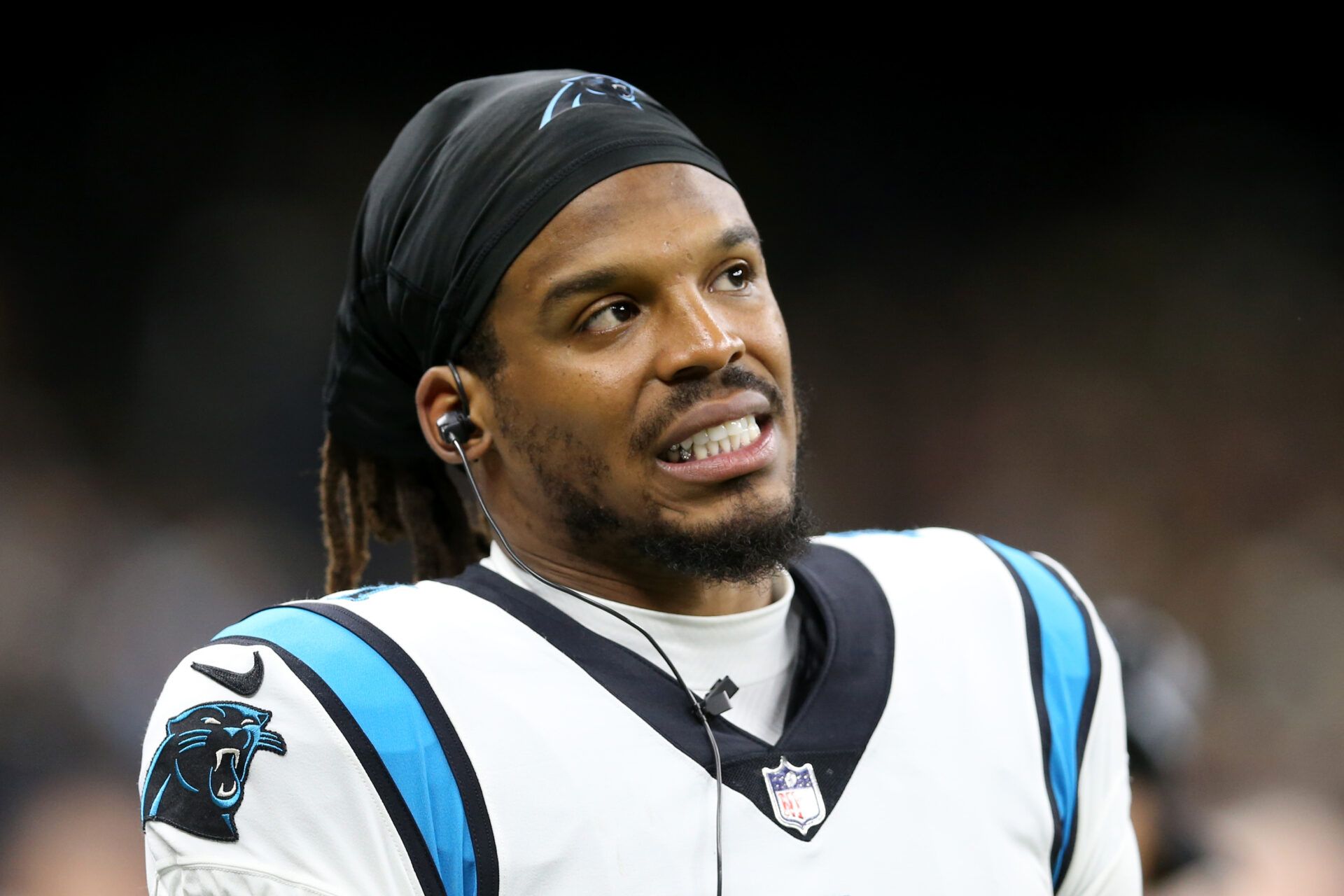 Carolina Panthers quarterback Cam Newton (1) on the sidelines in the second quarter against the New Orleans Saints at the Caesars Superdome.