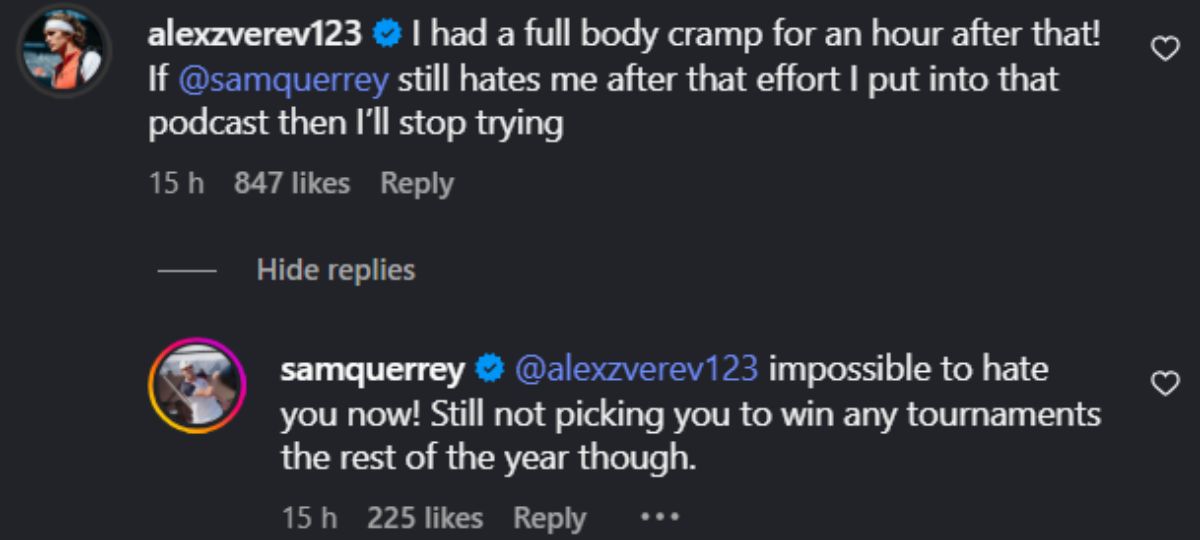 Screengrab of Alexander Zverev and Sam Querrey's comment on Instagram/@nothingmajorshow
