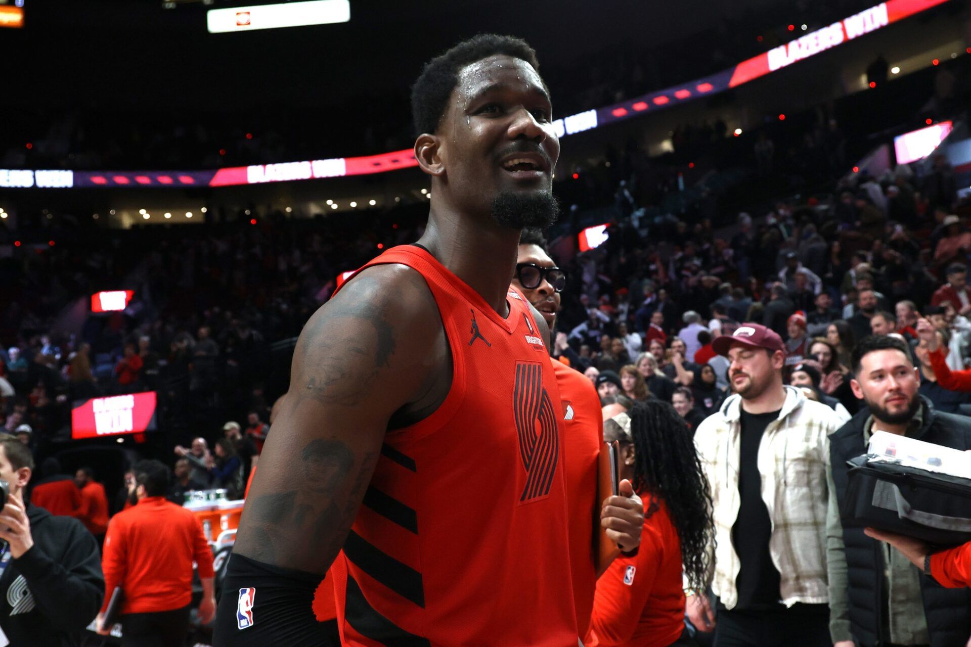 Portland Trail Blazers center Deandre Ayton (2) reacts after helping secure a 121-119 overtime win against the Phoenix Suns at Moda Center.