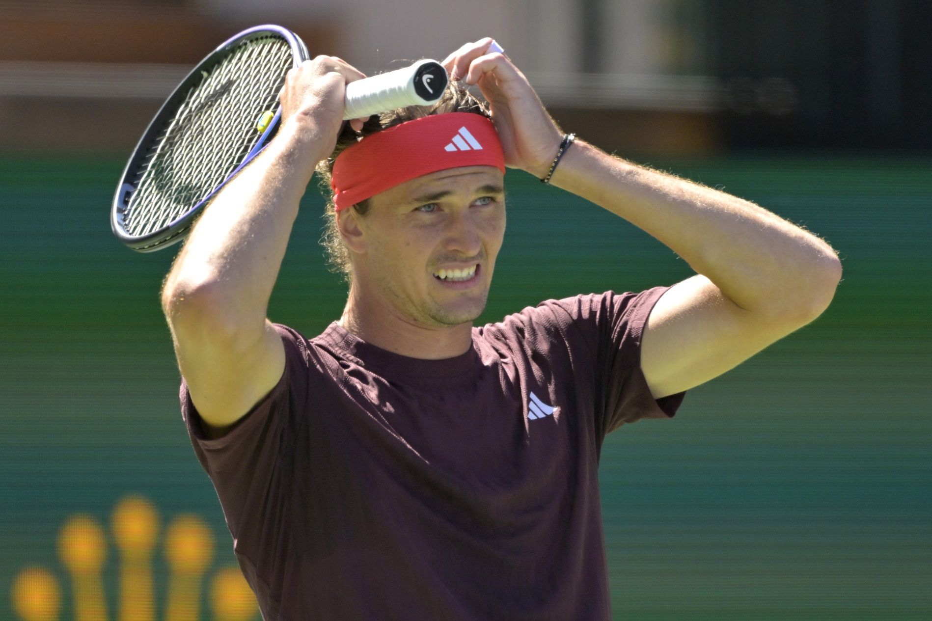 Alexander Zverev (GER) reacts after missing a shot against Tallon Griekspoor (not pictured) in his second round match during the BNP Paribas Open at the Indian Well Tennis Garden.