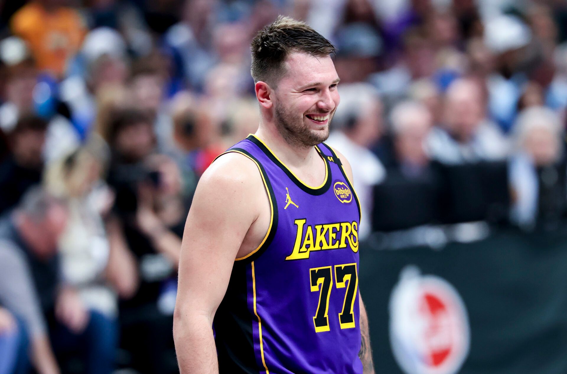 Los Angeles Lakers guard Luka Doncic (77) reacts against the Dallas Mavericks during the second half at American Airlines Center.