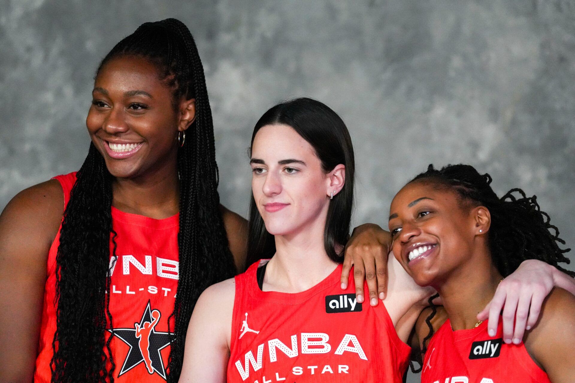 Indiana Fever's Aliyah Boston (7), Caitlin Clark (22) and Kelsey Mitchell (0) take a phot before the 2025 WNBA All-Star Game on Saturday, July 19, 2025, at Gainbridge Fieldhouse in Indianapolis.