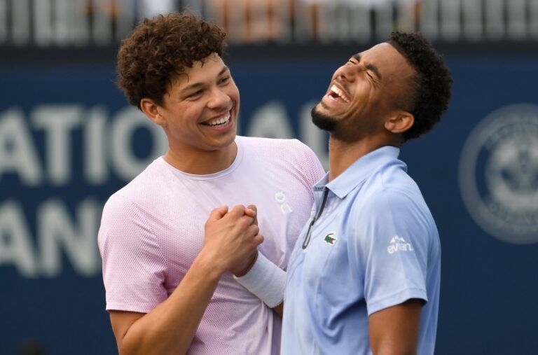 Ben Shelton (USA, left) celebrates with Arthur Fils (FRA) after a win in doubles over Nathaniel Lammons (USA) and Jackson Withrow (USA) during third round play at Sobeys Stadium.