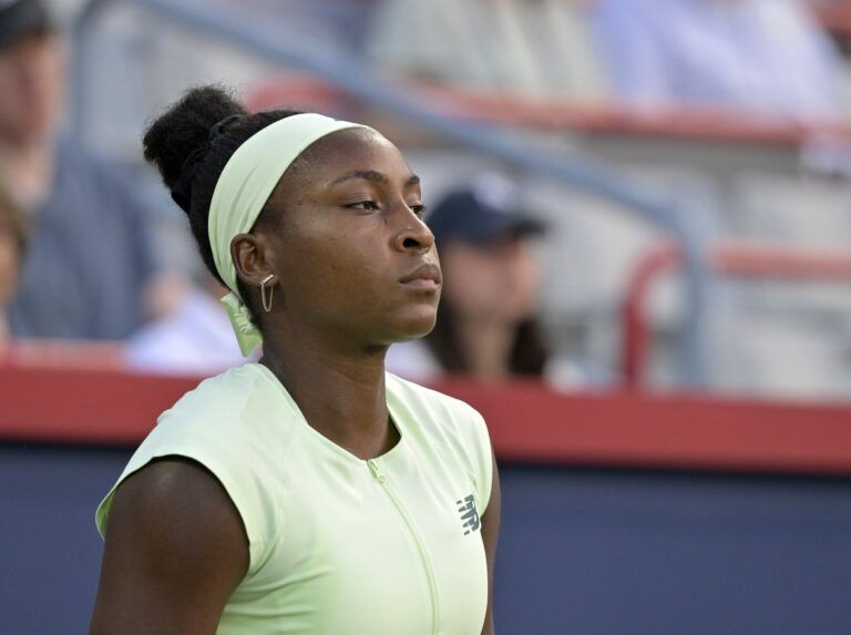 Coco Gauff (USA) reacts after a point against Danielle Collins (USA) in second round play at IGA Stadium.