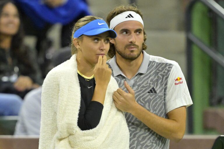 Paula Badosa and Stefanos Tsitsipas watch the action in the Eisenhower Cup Tie Break Tens event featuring mixed doubles during the BNP Paribas Open at the Indian Wells Tennis Garden.