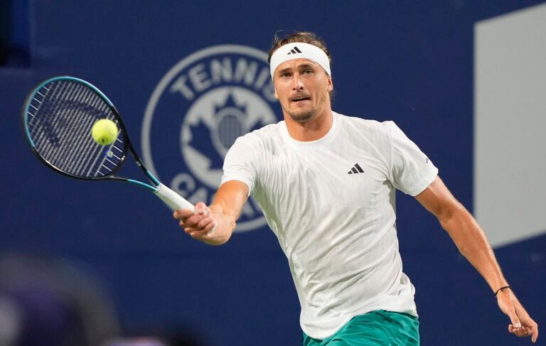 Alexander Zverev (GER) hits a ball to Francisco Cerundolo (not pictured)  during the fourth round at Sobeys Stadium.