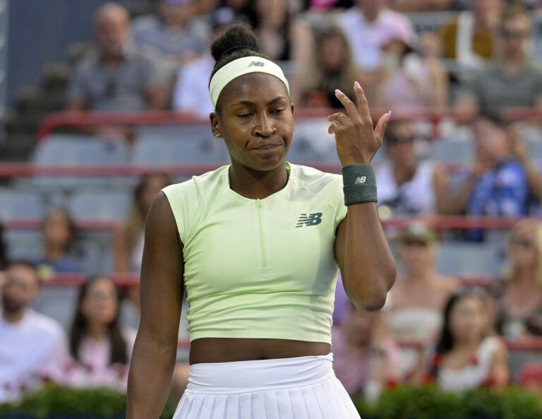 Coco Gauff (USA) reacts after a point against Danielle Collins (USA) in second round play at IGA Stadium.