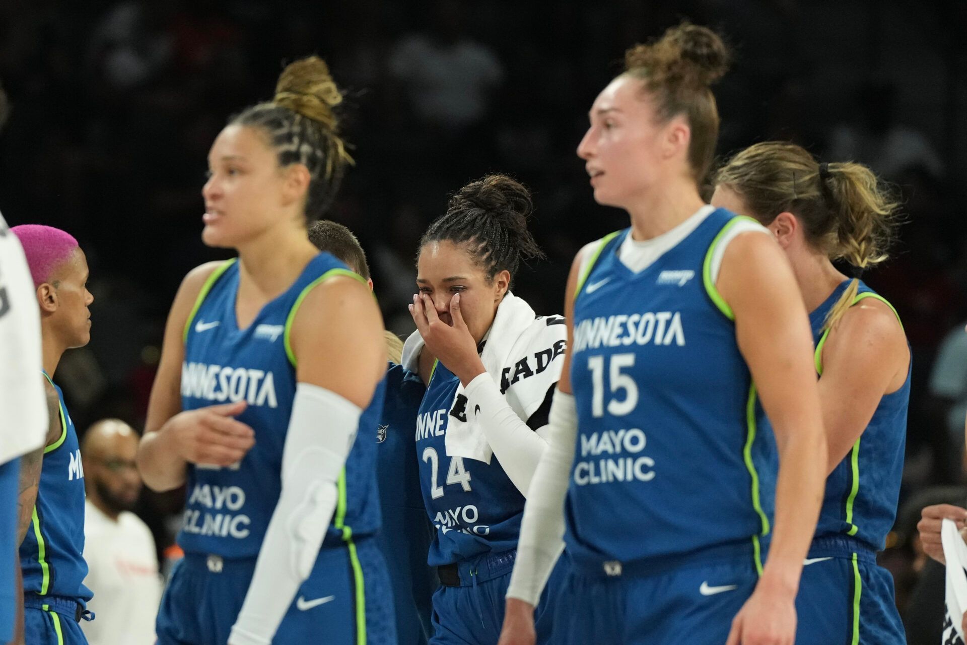 Minnesota Lynx forward Napheesa Collier (24) leaves the game against the Las Vegas Aces in the third quarter of their game at Michelob Ultra Arena.