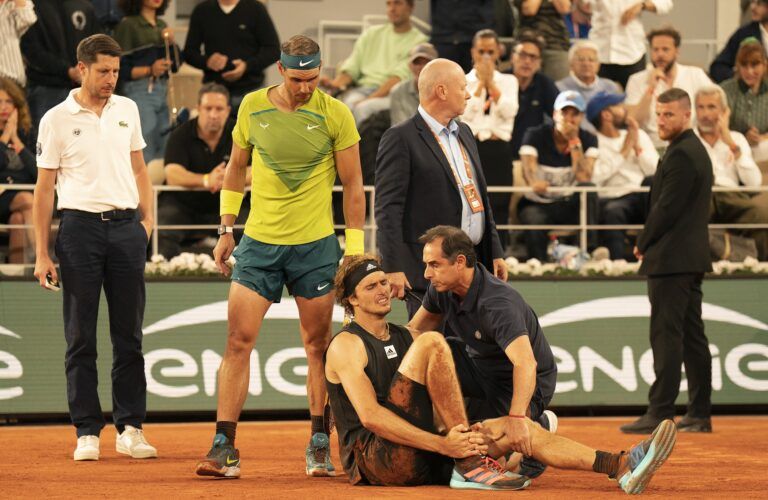 Alexander Zverev (GER) falls during his semifinal match against Rafael Nadal (ESP) and has to retire from the match on day 13 of the French Open at Stade Roland-Garros. He was taken from the court in a wheelchair and came back out with crutches to officially retire from the match.