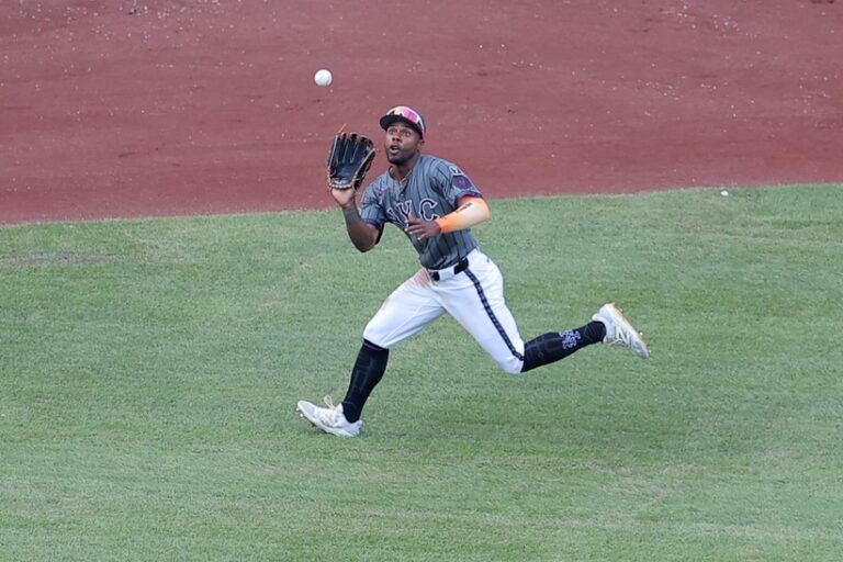 New York Mets center fielder Cedric Mullins (28) catches a fly ball by San Francisco Giants first baseman Dominic Smith (not pictured) during the fifth inning at Citi Field.