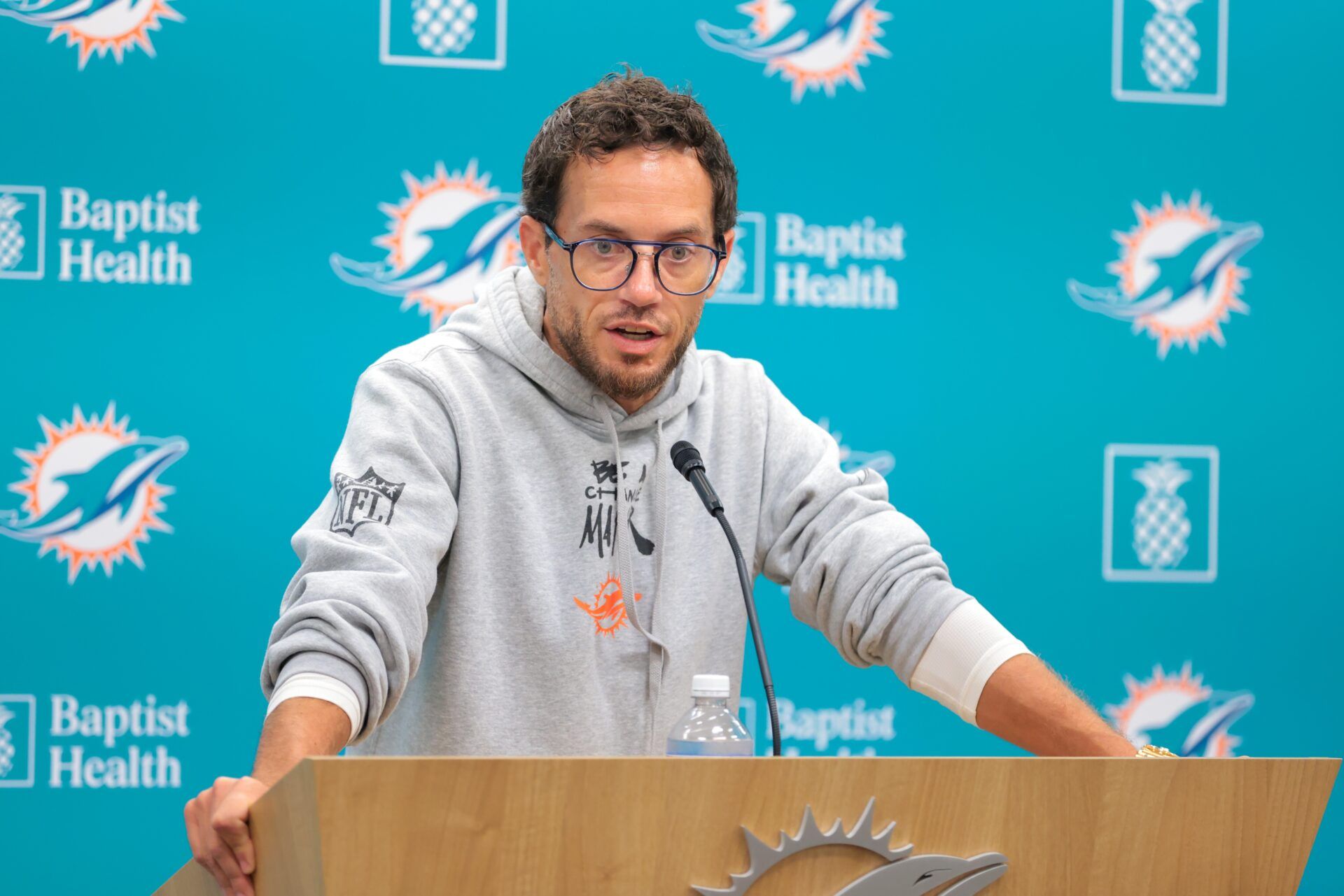 Miami Dolphins head coach Mike McDaniel speaks to reporters during training camp at Baptist Health Training Complex.