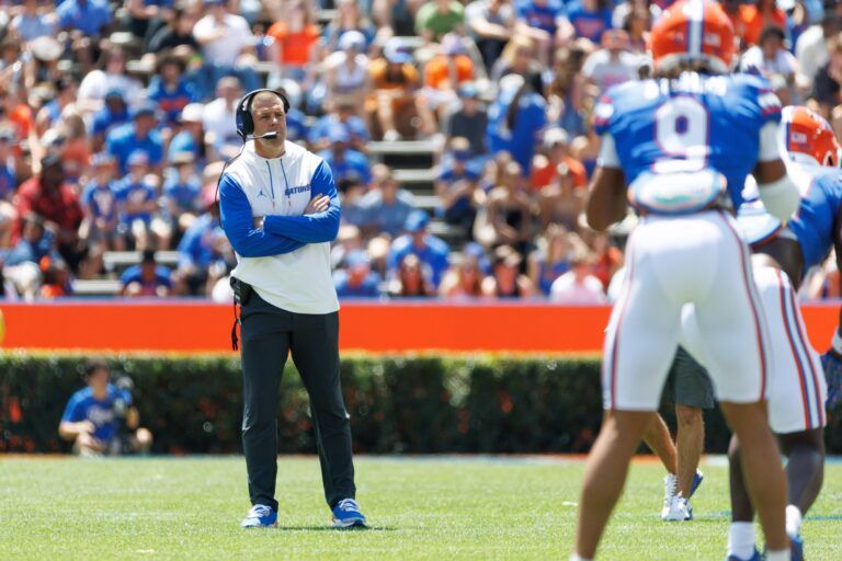 Florida Gators head coach Billy Napier looks on during the first half at Ben Hill Griffin Stadium.