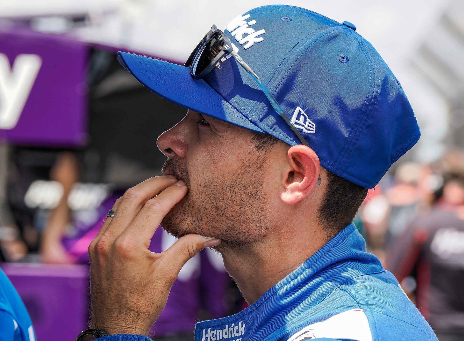 NASCAR Cup Series driver Kyle Larson (5) watches qualifying Saturday, July 26, 2025, during qualifying for the Brickyard 400 at Indianapolis Motor Speedway.