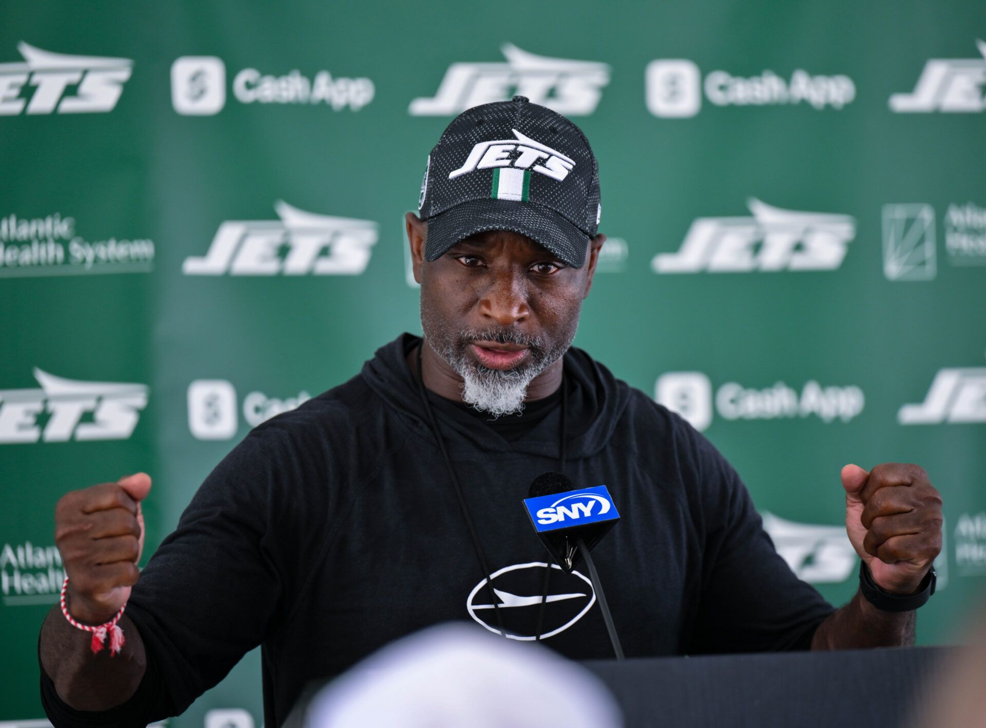 New York Jets head coach Aaron Glenn speaks to the media during training camp at Atlantic Health Jets Training Center.