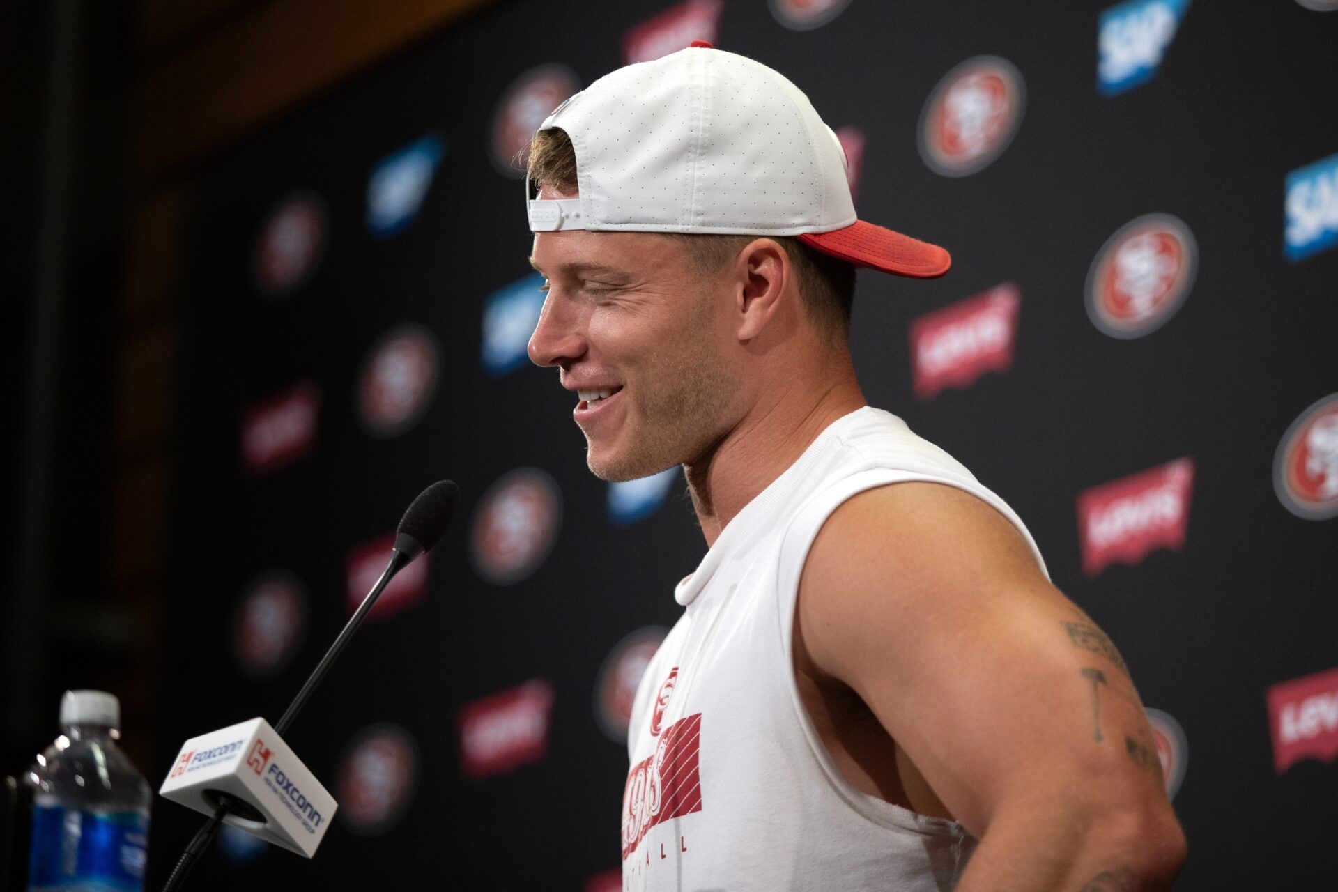 San Francisco 49ers running back Christian McCaffrey speaks to the media following a team OTA at Levi's Stadium.