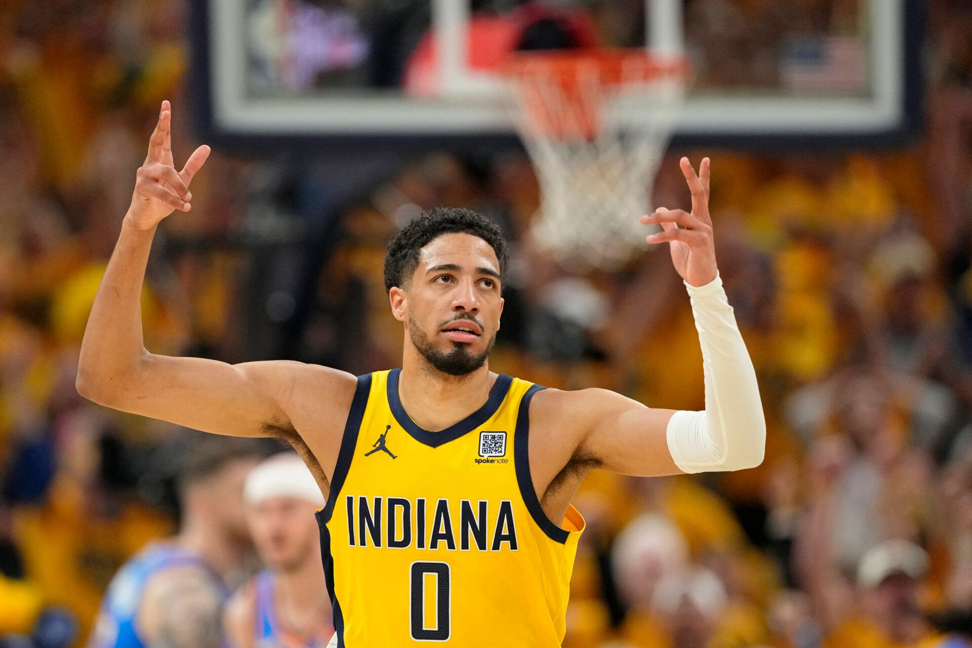 Indiana Pacers guard Tyrese Haliburton (0) reacts after a play against the Oklahoma City Thunder during the first half of game six of the 2025 NBA Finals between the Oklahoma City Thunder and the Indiana Pacers at Gainbridge Fieldhouse.