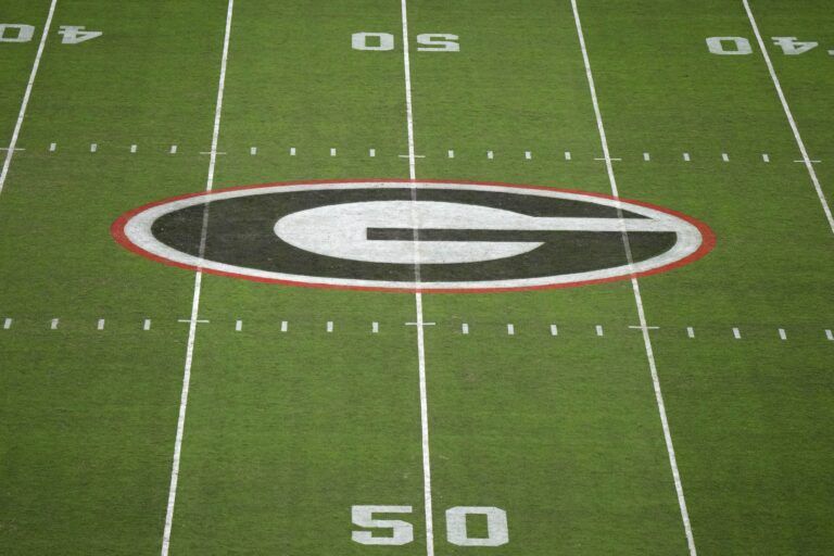 The Georgia Bulldogs logo at midfield at Sanford Stadium.
