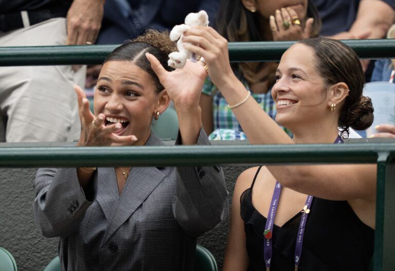 Trinity Rodman and Emma Shelton  in attendance for the Ben Shelton of the United States and Marton Fucsovics of Hungary (both not pictured) match  on day six at the All England Lawn Tennis and Croquet Club.