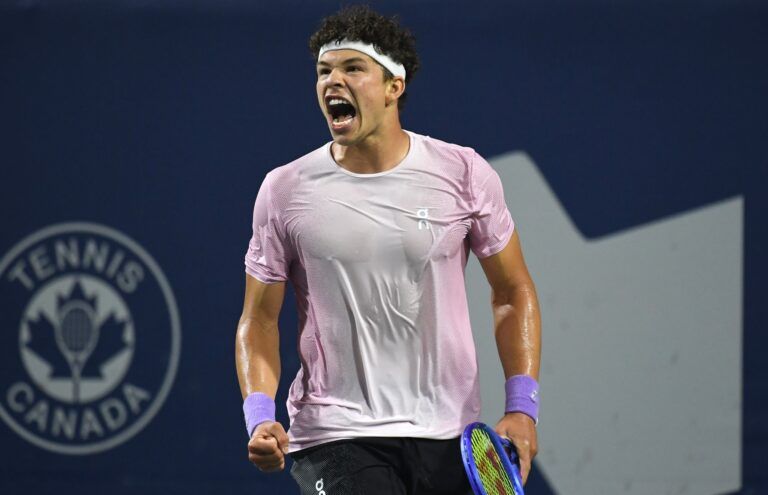 Ben Shelton (USA) reacts after defeating Flavio Cobolli (ITA) during fourth round play at Sobeys Stadium.