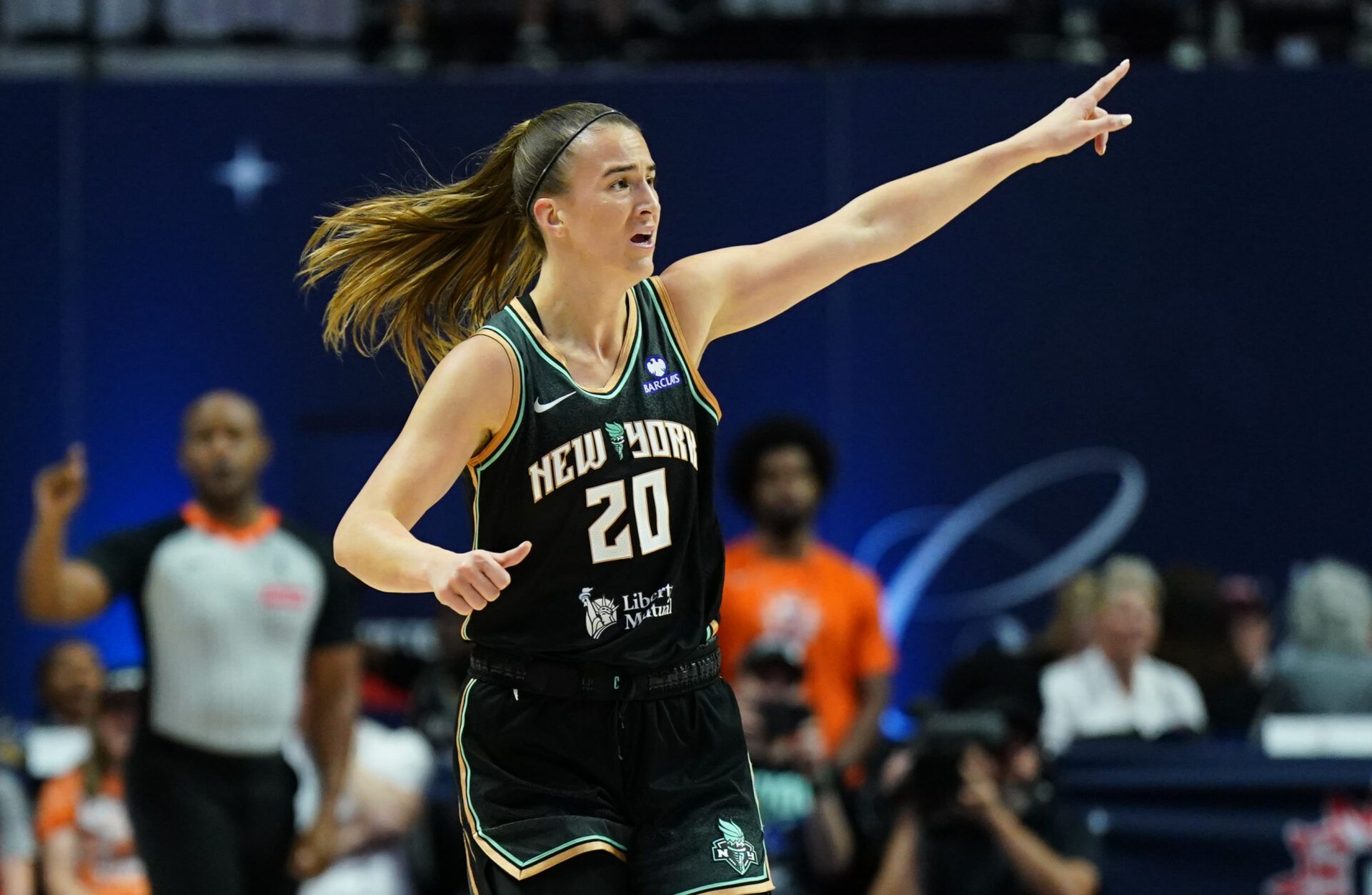 New York Liberty guard Sabrina Ionescu (20) returns up court against the Connecticut Sun in the first half at Mohegan Sun Arena.