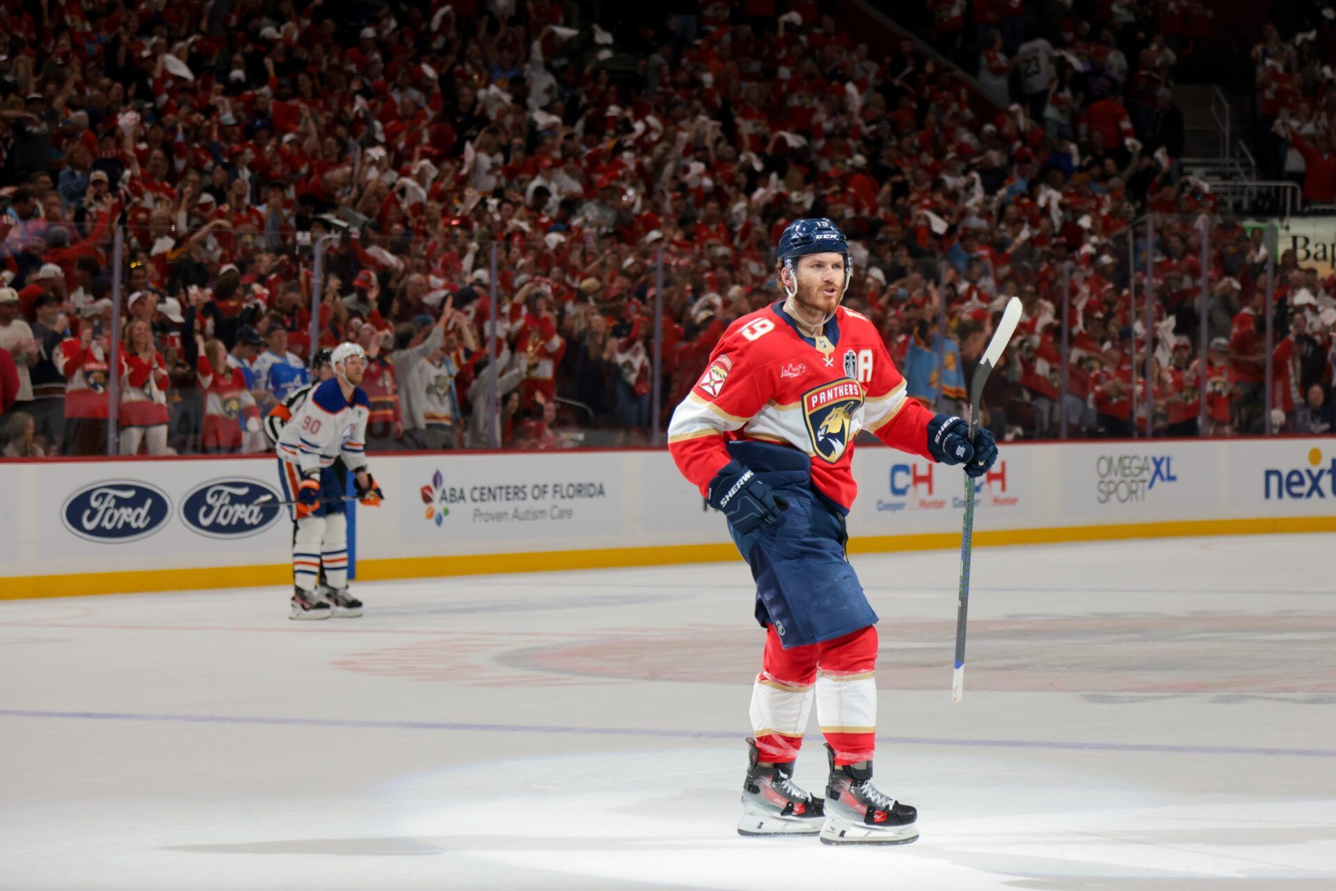 Florida Panthers left wing Matthew Tkachuk (19) celebrates after his goal against the Edmonton Oilers during the first period in game six of the 2025 Stanley Cup Final at Amerant Bank Arena.