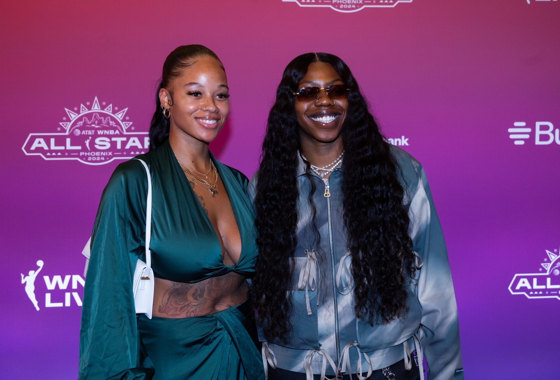 Dallas Wings guard Arike Ogunbowale (right) and fiance Lala Ronay walk the red carpet during the WNBA All Star weekend at the Phoenix Convention Center.
