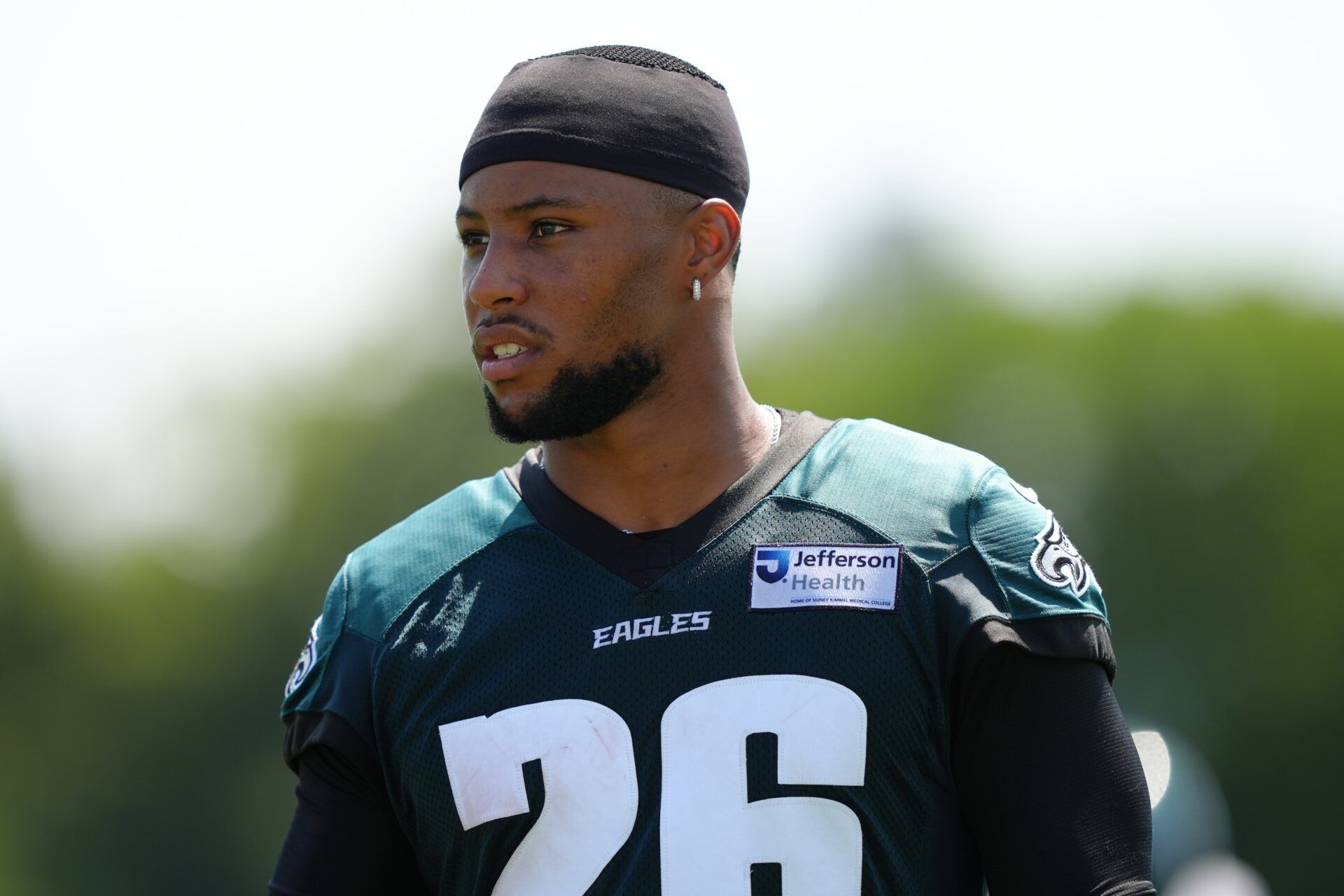 Philadelphia Eagles running back Saquon Barkley (26) looks on during training camp at NovaCare Complex.