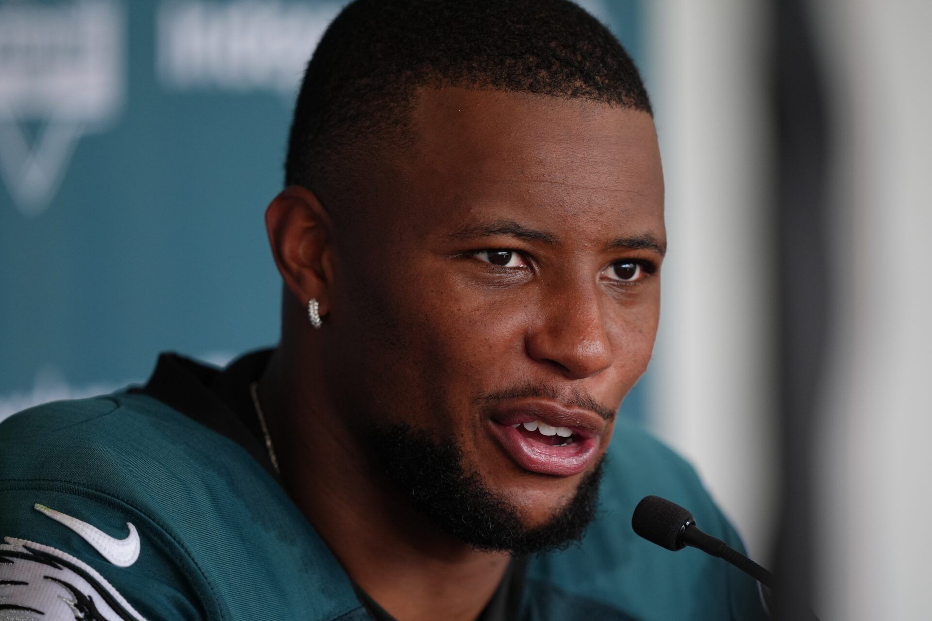 Philadelphia Eagles running back Saquon Barkley (26) addresses media during training camp at NovaCare Complex.