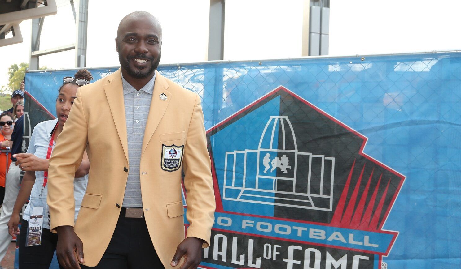 San Diego Chargers former running back Marshall Faulk arrives during the Professional Football HOF enshrinement ceremonies at the Tom Benson Hall of Fame Stadium.