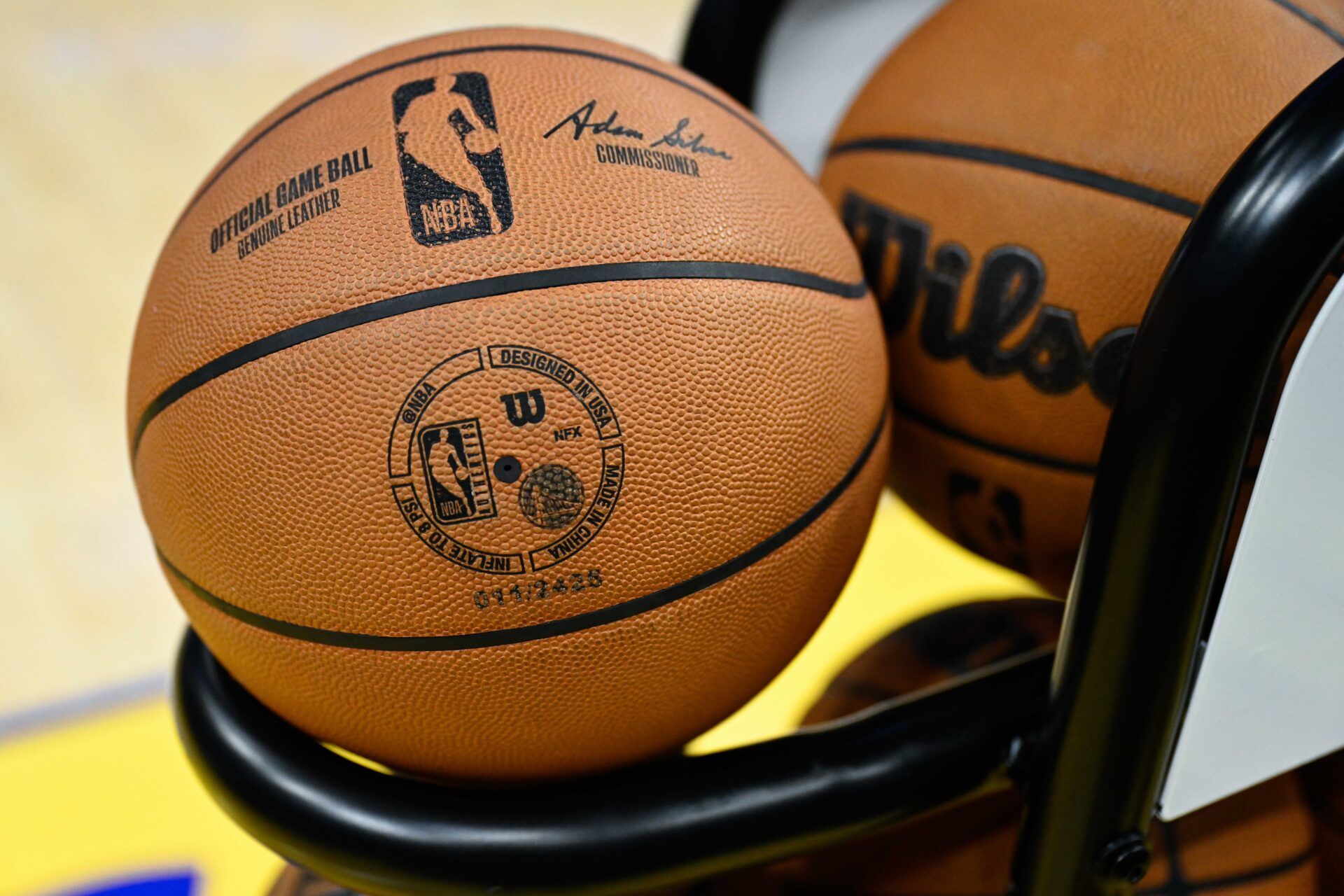 The NBA logo is seen on a basketball during warm ups before the Golden State Warriors play the Indiana Pacers at Chase Center.