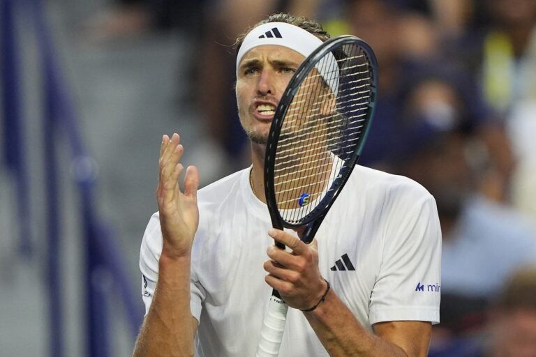 Alexander Zverev (GER) reacts after losing a point to Alexei Popyrin (not pictured) during quarterfinals at Sobeys Stadium.