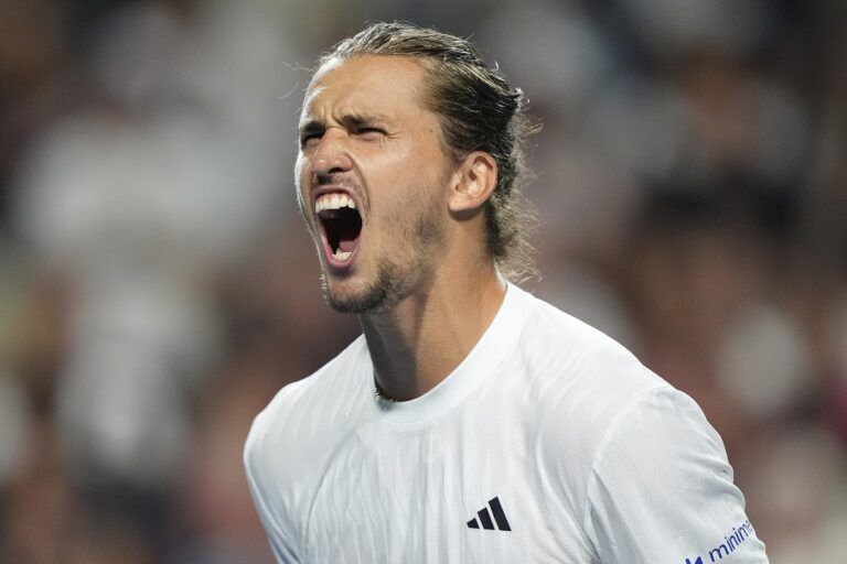 Alexander Zverev (GER) reacts after winning his match against Alexei Popyrin (not pictured) during quarterfinals at Sobeys Stadium.